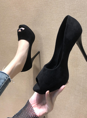 2020春季高跟鞋10cm夜场防水台细跟职业黑色绒面少女小码鱼嘴单鞋
