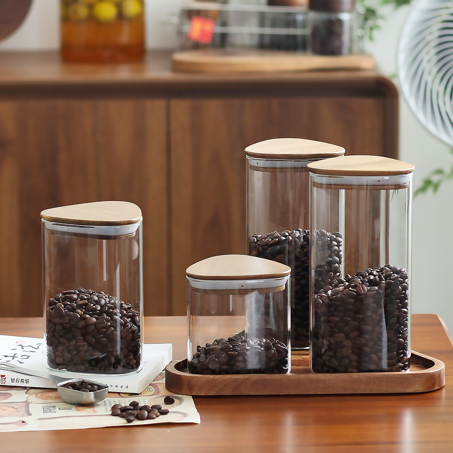 实木托盘咖啡豆密封罐