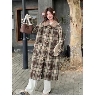 加厚呢子外套 牛角扣中长款 高级感复古格子毛呢大衣女2024冬季 新款