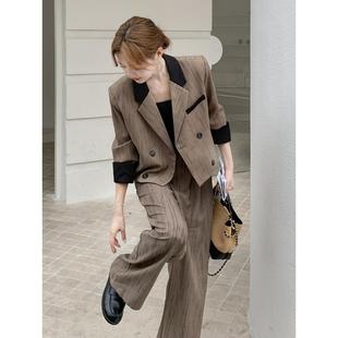 2025新款 女韩系一整套穿搭西服外套两件套秋季 套装 咖色条纹西装