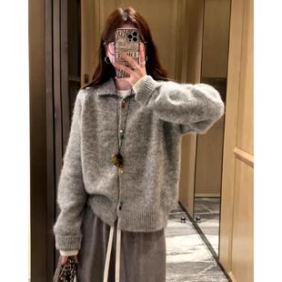 韩版 时尚 新款 2024冬季 百搭小清新上衣外套女 气质翻领彩扣毛衣开衫