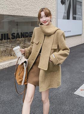 黄色双面羊绒大衣女小个子2024冬新款70羊毛时尚气质围脖毛呢外套