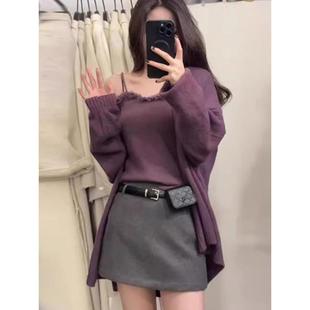 秋冬韩系蕾丝边针织吊带开衫 两件套甜辣妹细肩带毛衣背心外套套装