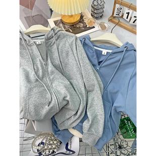 新韩式 2025春秋季 宽松慵懒风格 薄开衫 纯色连帽女式 拉炼长袖 运动衫