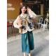 复古休闲印花马甲三件套春秋女2025新款 减龄衬衫 牛仔半身裙两件套