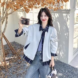小个子休闲显瘦短外套 2025新款 韩版 学院复古格子假两件夹克女秋季