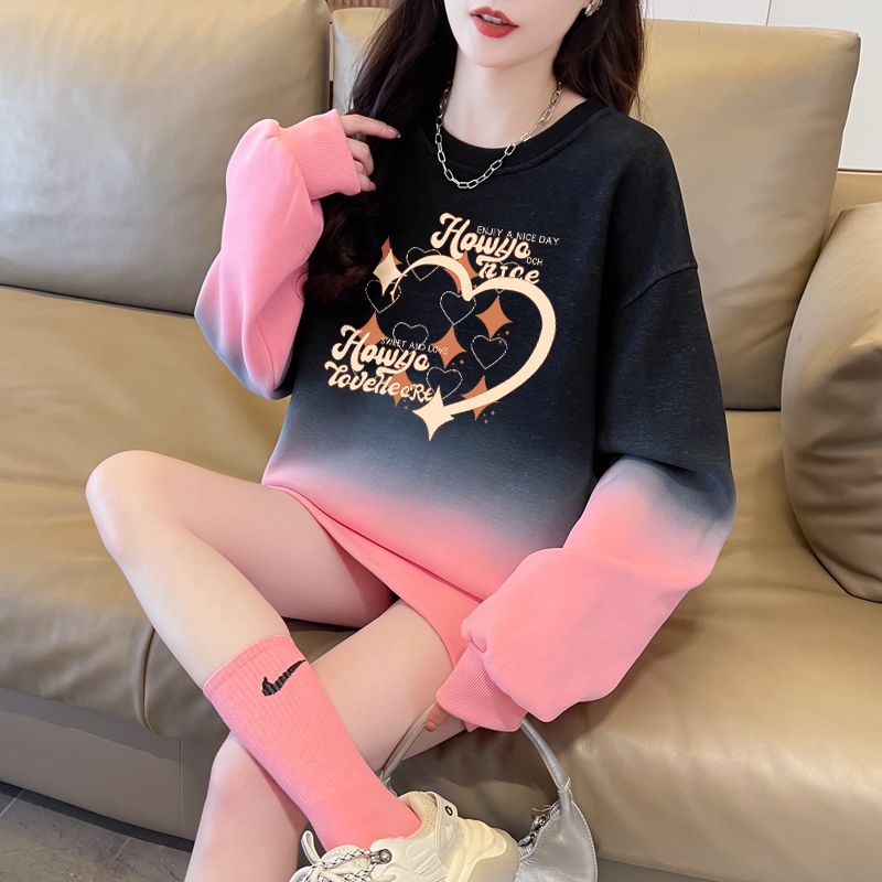 实拍仿华棉复合240克银狐绒厚+后包领薄全件压线渐变色圆领卫衣女