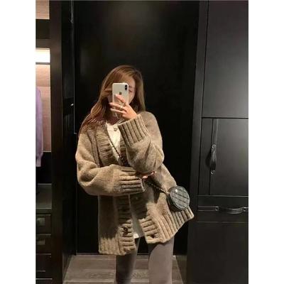 韩系慵懒风马海毛针织开衫女2025秋冬软糯加厚中长款宽松毛衣外套