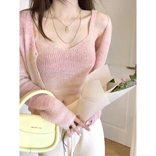 上衣女渐变色时尚 春秋新款 针织开衫 长袖 两件套 打底内搭吊带背心