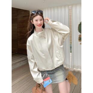 白色美式短款立领PU皮衣外套女2025秋新款小个子高级感机车夹克