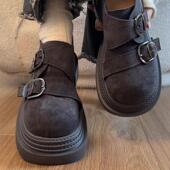 品牌烟灰色小皮鞋 增高复古勃肯鞋 女2025新款 圆头英伦风厚底乐福鞋