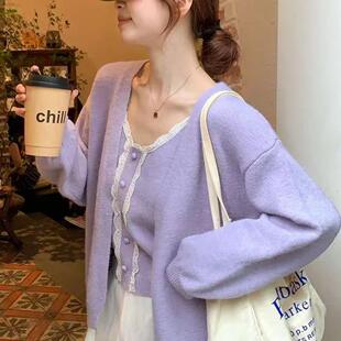 紫色毛衣外套开衫 早秋季 吊带背心两件套 女2025新款 小香风针织套装