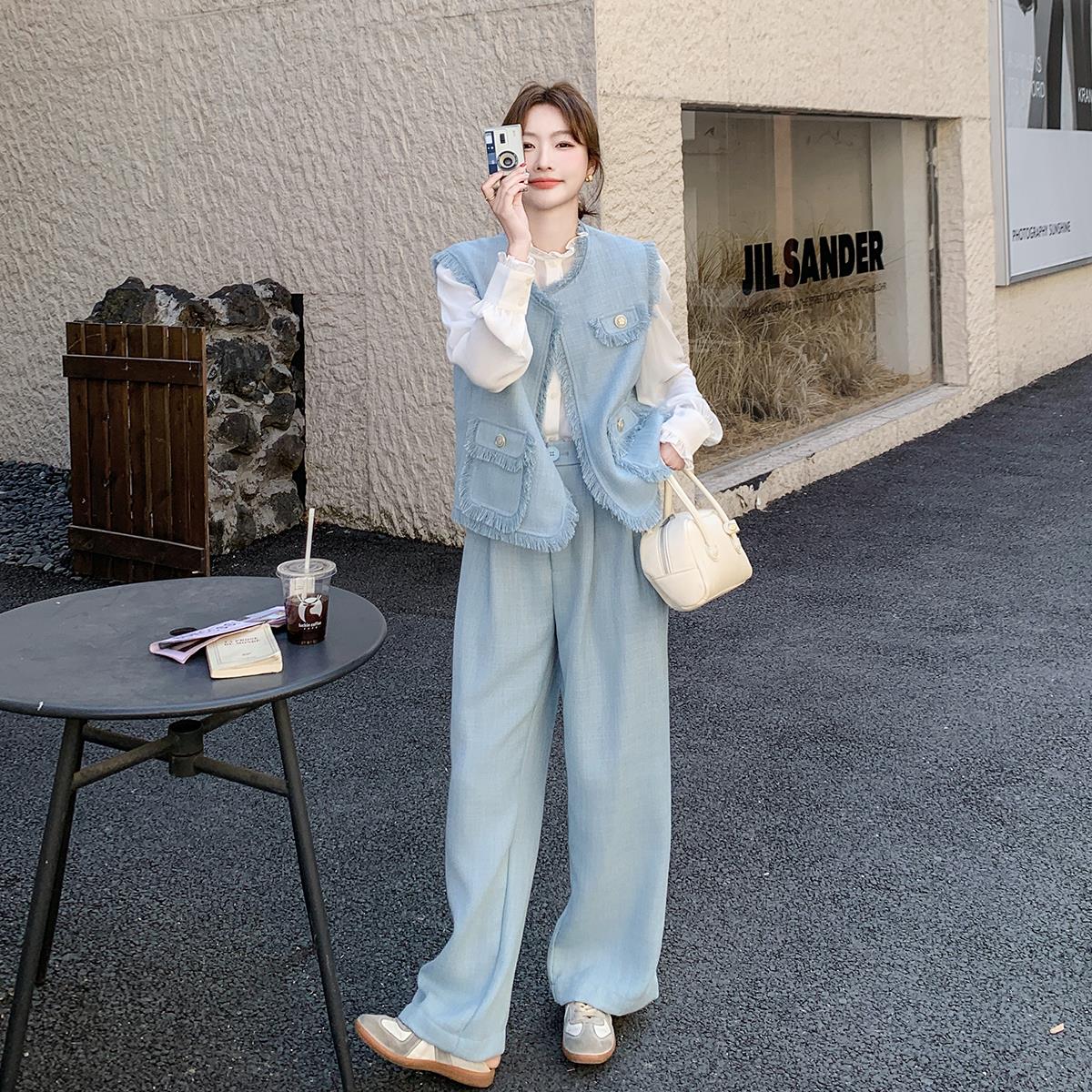 蓝色时尚流苏小香风套装女春季2025年新款名媛马甲衬衫长裤三件套