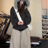 美式 条纹可拆卸大毛领连帽卫衣女秋冬宽松慵懒风针织拉链开衫 外套