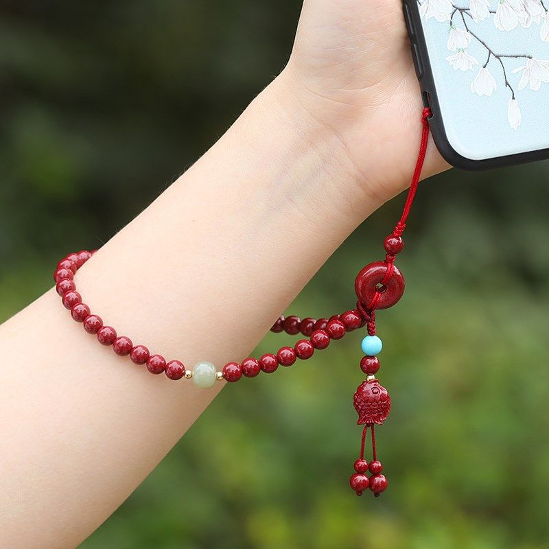 朱砂手机链本命年手机挂件女精致串珠短款防丢手腕挂绳挂饰中国风