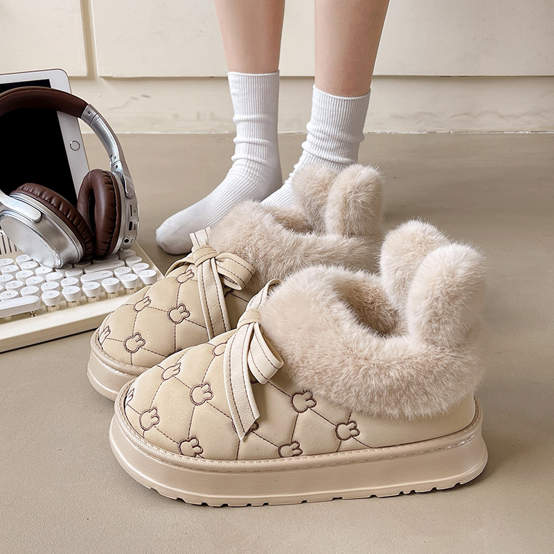 可爱兔耳棉拖鞋女秋冬新款加绒加厚防水网红毛绒包跟棉鞋可外穿