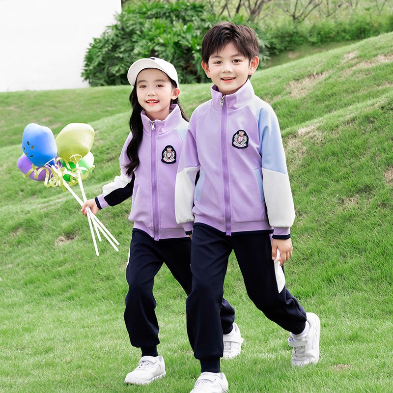 秋季幼儿园园服紫色拉链衫不连帽运动学院套装小学生儿童班服校服