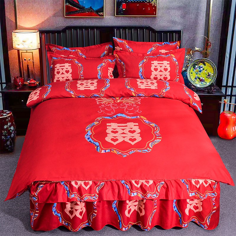 结婚床上用品四件套婚庆大红色新婚礼床裙款磨毛床单被罩裸睡喜被