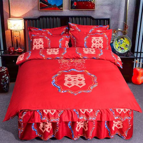 结婚床上用品四件套婚庆大红色新婚礼床裙款磨毛床单被罩裸睡喜被