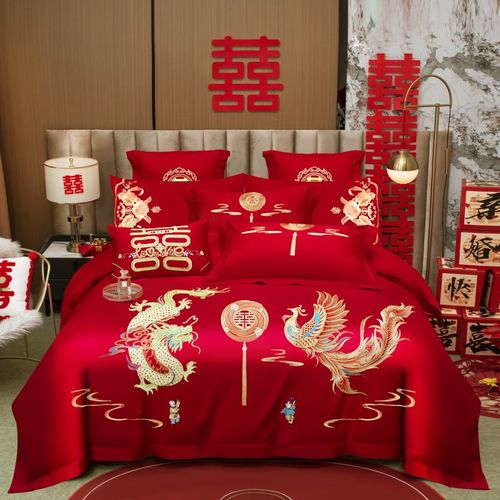 中式婚庆四件套大红100支全棉刺绣婚房婚礼结婚喜被套单床上用品4