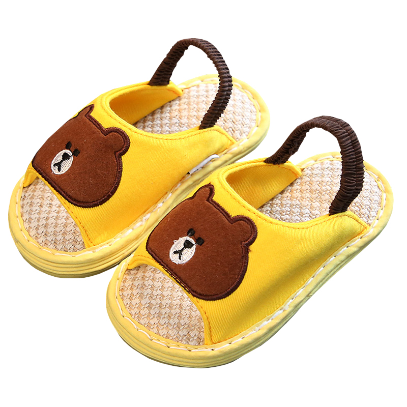 春秋季1-4岁宝宝亚麻拖鞋男女儿童卡通防滑软底室内千层布底小拖