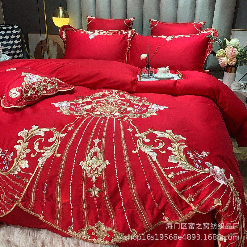 结婚四件套全棉婚庆刺绣大红色床单被套4件套新婚房床上用品
