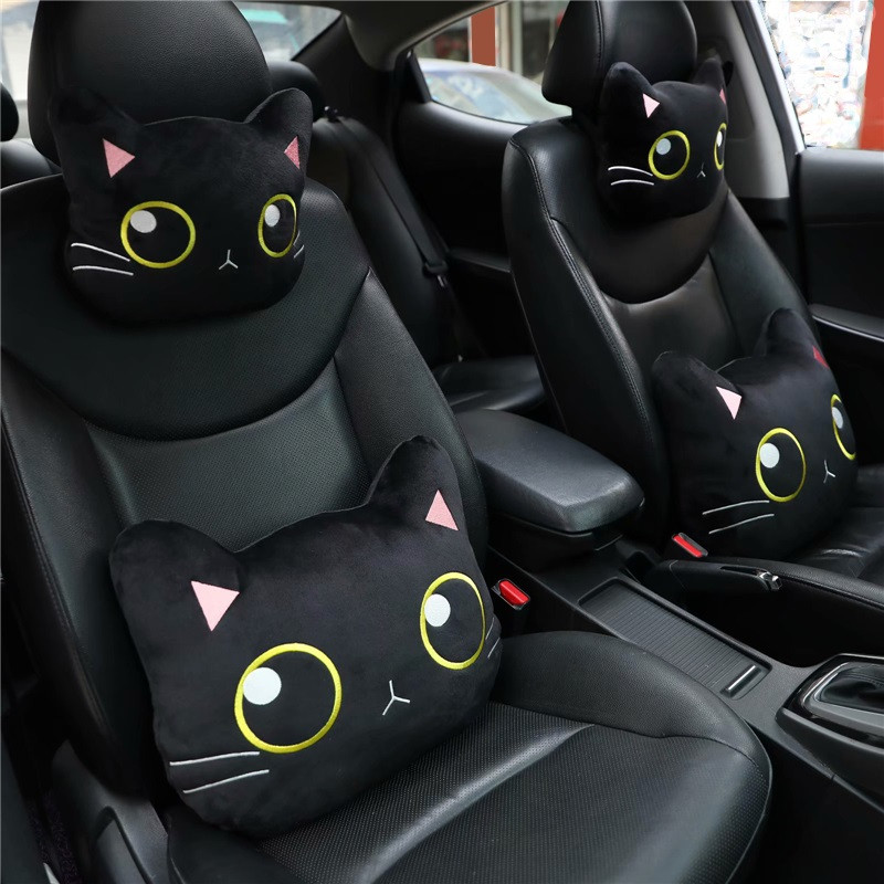 新品 可爱黑色猫咪汽车头枕车载护颈枕腰靠抱枕S车内装饰用品护肩