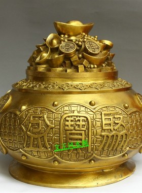 纯铜聚宝盆招财摆件特大号五路财神纯铜