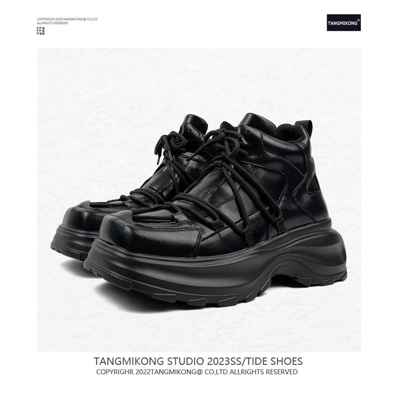 两点浪漫2024新款厚底高帮老爹鞋男暗黑高街板鞋方头皮鞋机车短靴