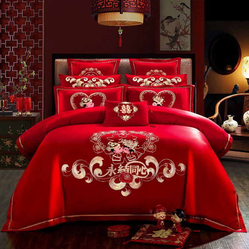 新婚庆四件套大红色全棉刺绣结婚房喜被套六八十件套纯棉床上用品