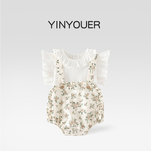 婴儿夏季薄款套装新生女宝宝夏天包屁衣背带裤T恤洋气分体两件套1