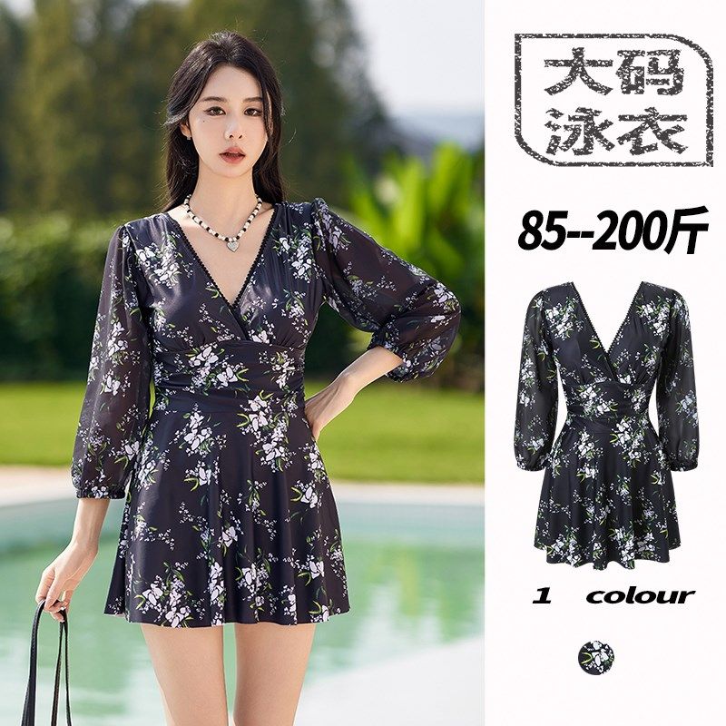 女士温泉泳衣女款成人连体大码微胖长袖保守平角裤裙式遮肚子显瘦