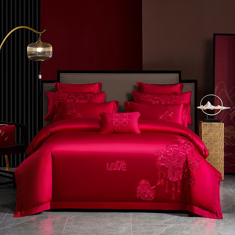 结婚刺绣全棉婚庆床上四件套大红色龙凤喜庆被4件套床品
