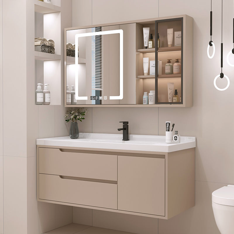 实木浴柜组合陶瓷一体盆洗手洗脸盆洗手台化妆室智能新款奶油风