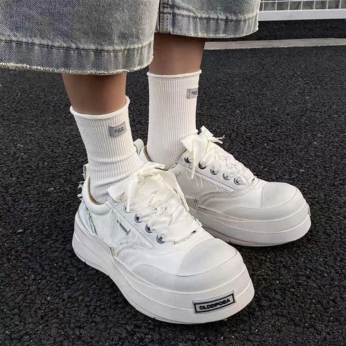 擦色做旧2025夏季新款绷带透气帆布鞋情侣款大头板鞋男厚底小白鞋