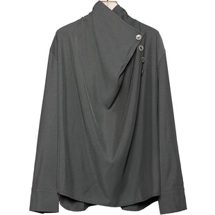 春秋暗黑系山本风宽松个性简约设计休闲半高堆堆领长袖衬衫t恤男