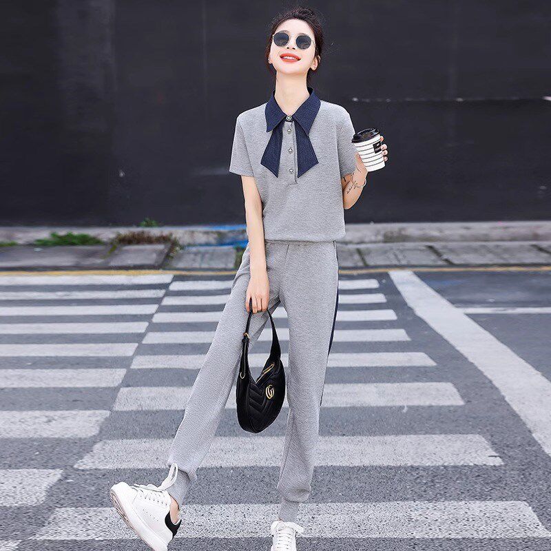网红雪纺时尚套装女2024夏装新款洋气减龄休闲气质九分.裤两件套