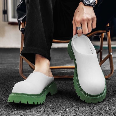 夏季包头半拖鞋男无后跟小皮鞋厚底增高德比鞋情侣款一脚蹬懒人鞋