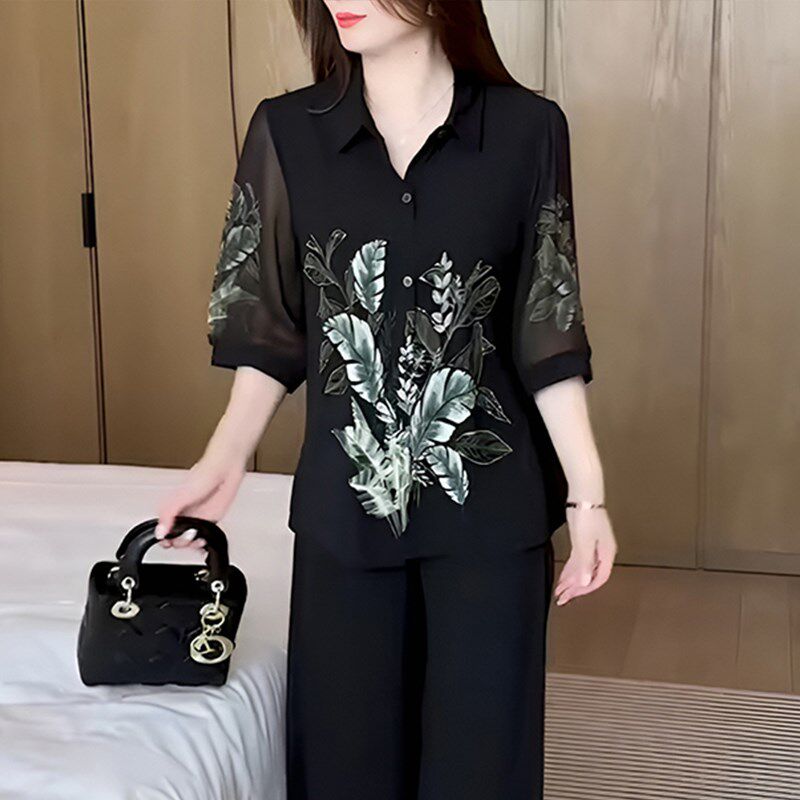 时尚套装女2024夏季新款气质减龄显瘦遮肉洋气妈妈装阔腿裤两件套