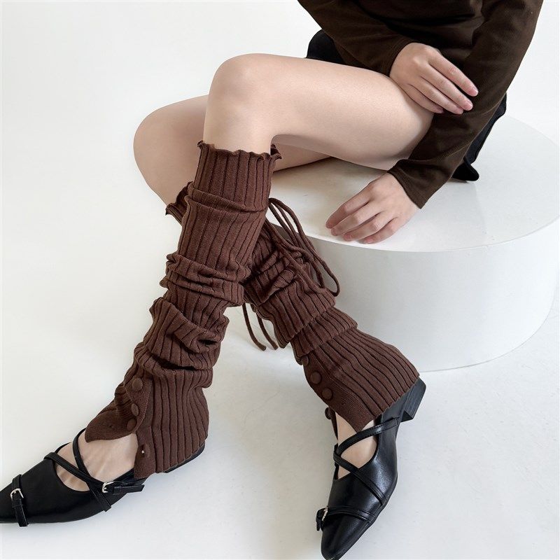 秋冬设计感纽扣走秀款绑带百搭显瘦小众宽条堆堆腿套灰色小腿袜套