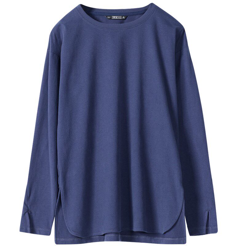 全棉白色中长款t恤女长袖宽松遮屁股开叉洋气大码圆领打底衫