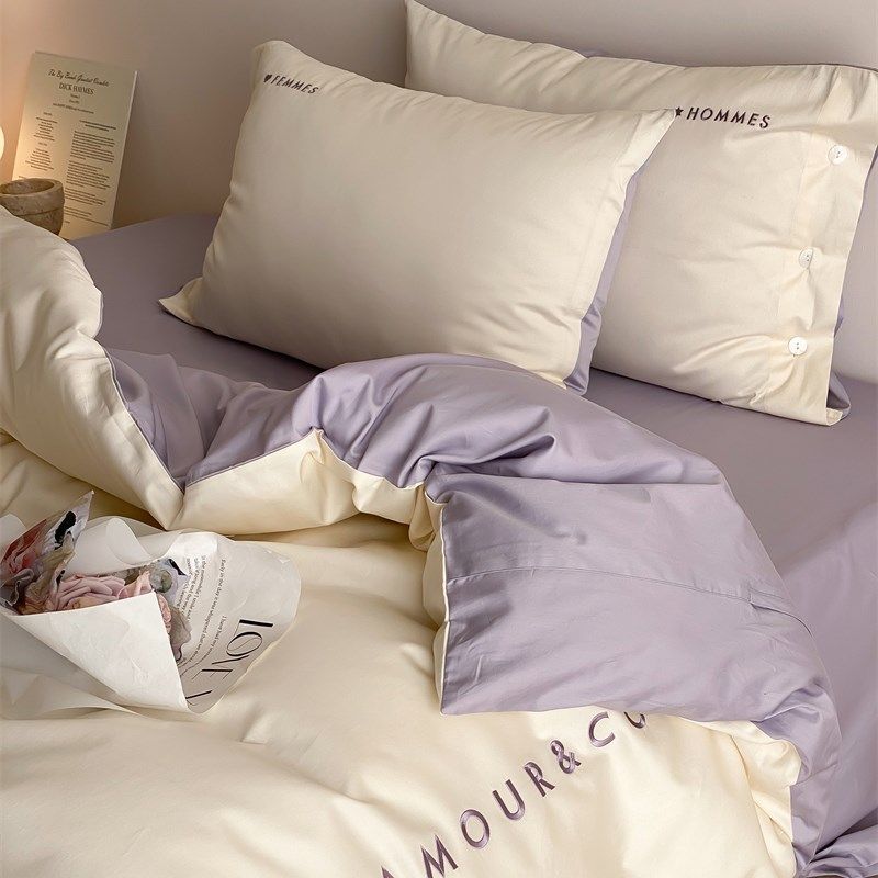 100支秋冬磨毛简约纯色四件套全棉纯棉1.5m1.8米床上用品床单被套