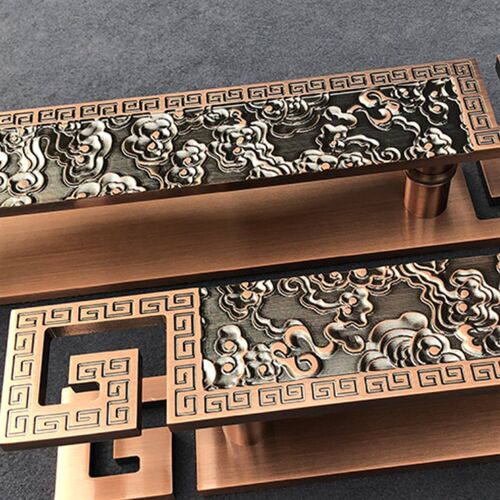 新中式玻璃门把手铝板雕刻仿古祥云大门把手实心古铜豪华拉手刻字