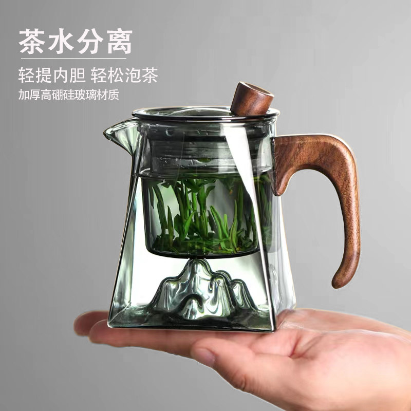 观山四方玻璃小茶壶滤网内置家用C木把泡茶水壶耐高温茶水分离茶