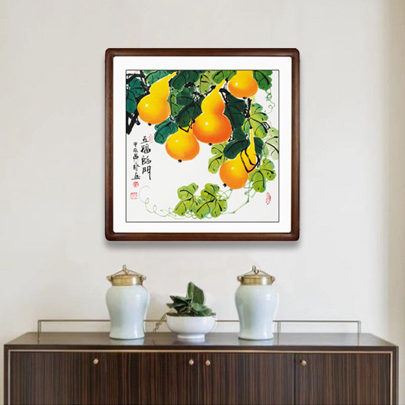 五福临门葫d芦斗方名家手绘餐厅装饰画国画花鸟画装饰挂画玄关字
