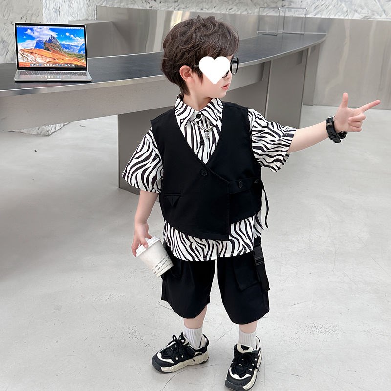 男童夏装衬衫马甲三件套2025宝宝帅气新款韩版儿童