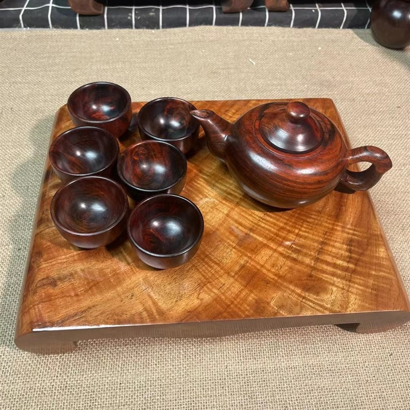 大红酸枝木茶具套装摆件茶壶茶杯 红木工艺品摆件 交趾黄檀木茶壶