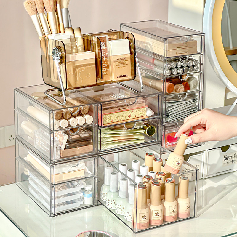 桌上化妆品抽屉收纳盒亚克u力透明盒分格口红化妆刷面膜整理置物