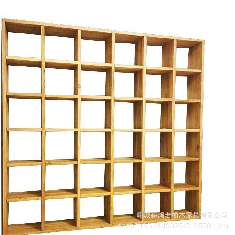 老榆木满墙书柜架原木置物架实木格子架客厅落T地整墙博古架书架
