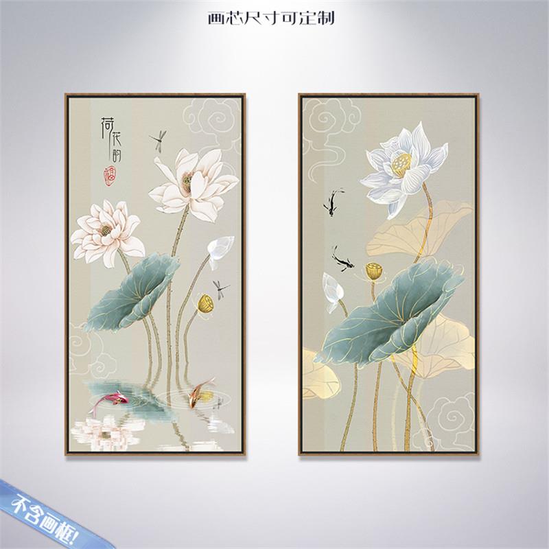 禅意水墨风玄关荷花双联无框画定制家居装饰画画布微喷打印画心图片